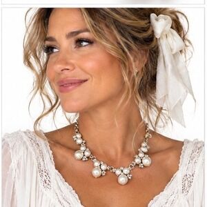 Pearlized Beads Crystal Clusters Statement Bib Necklace Adjustable Bridal